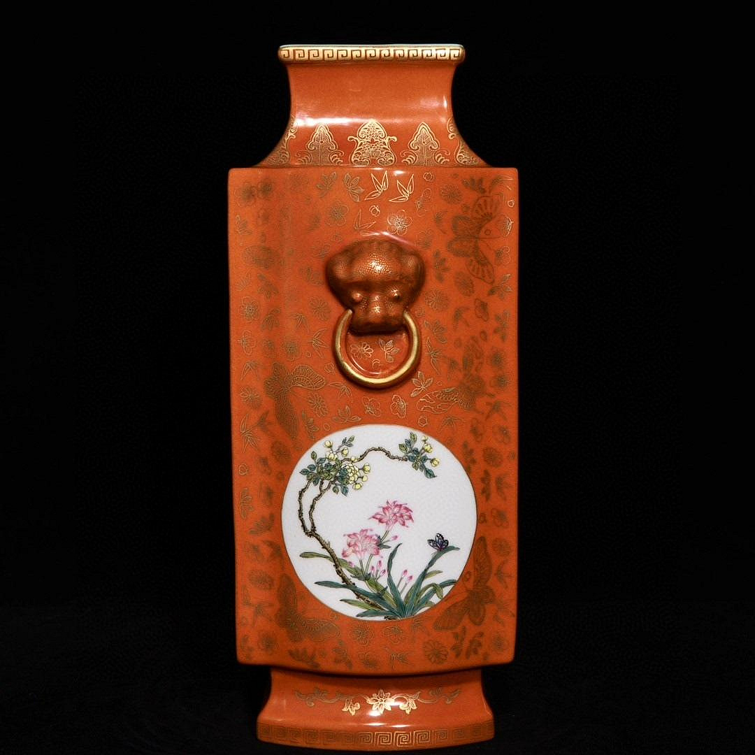 清・乾隆年製款・古陶磁器・珊瑚紅釉粉彩花卉梅花紋梅