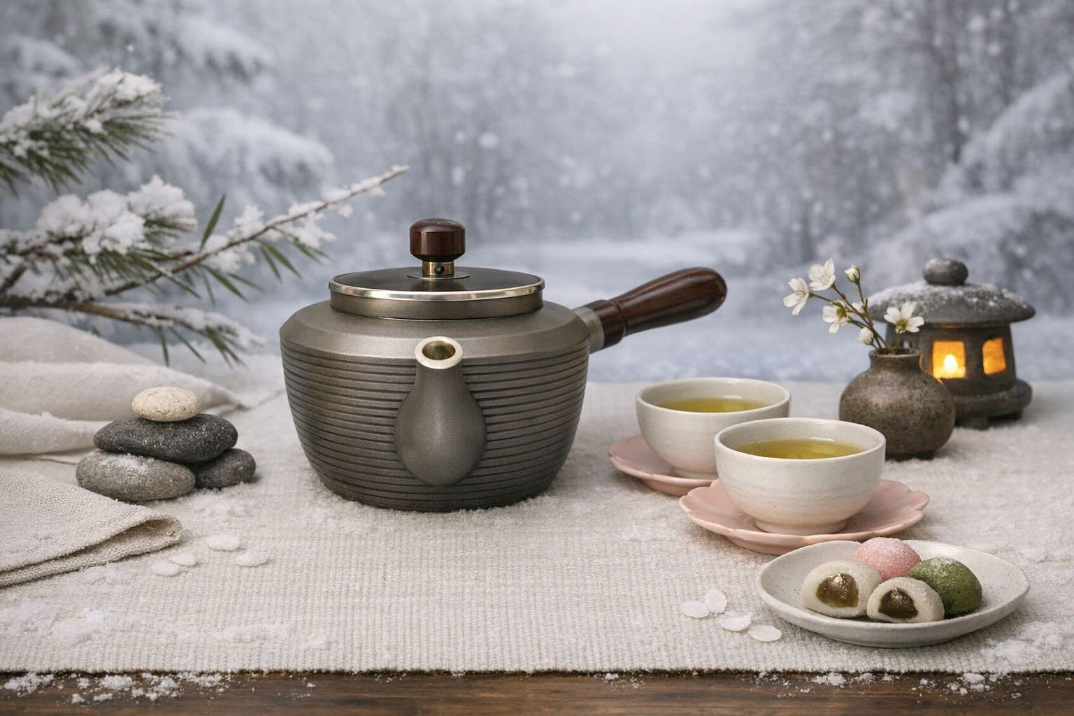 日本金工藝品茶道具~精美日本側把錫茶壺，日本大阪煙波浪華傳統手作錫