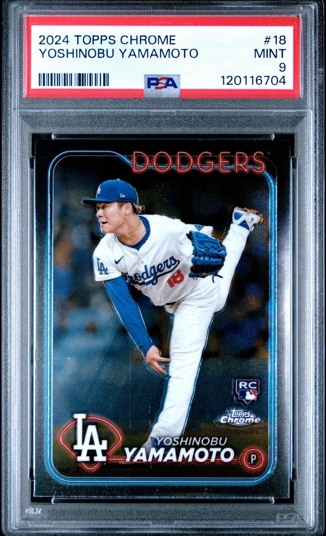 山本由伸PSA 9 RC金屬鑑定卡2024 TOPPS CHROME #18 YOSHINOBU YAMAMOTO