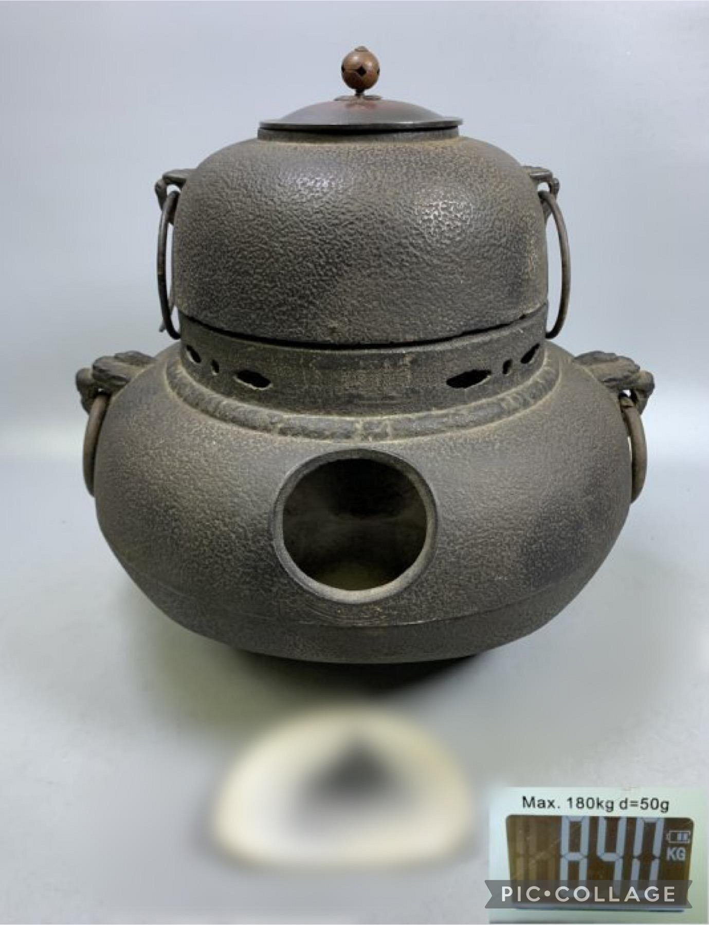 老日本茶道具獸耳銅蓋鐵釜/鐵茶釜鐵鬼風爐組（A347）下標前先看