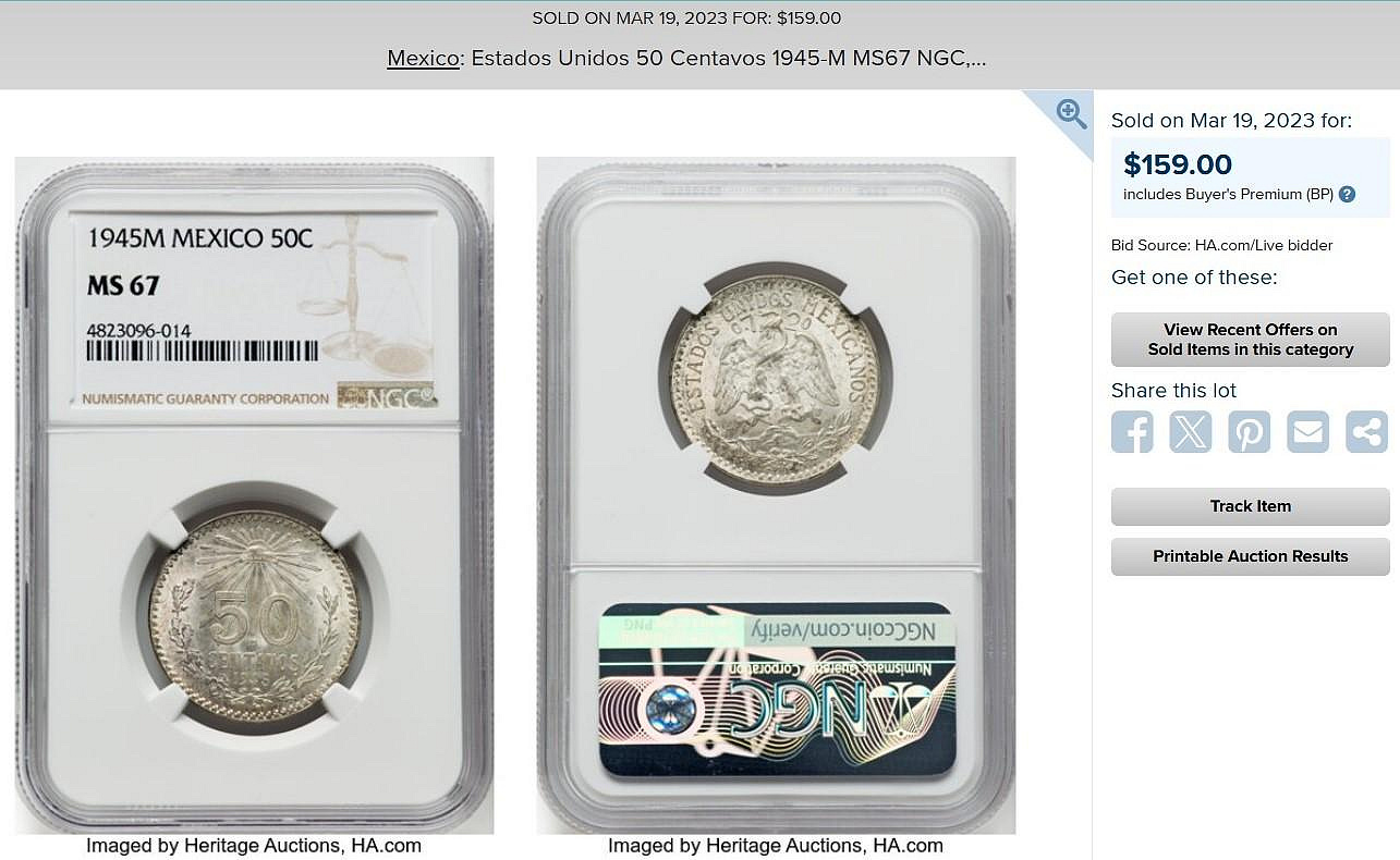 評級幣1945年墨西哥鷹洋50分銀幣鑑定幣NGC MS67 | Yahoo拍賣