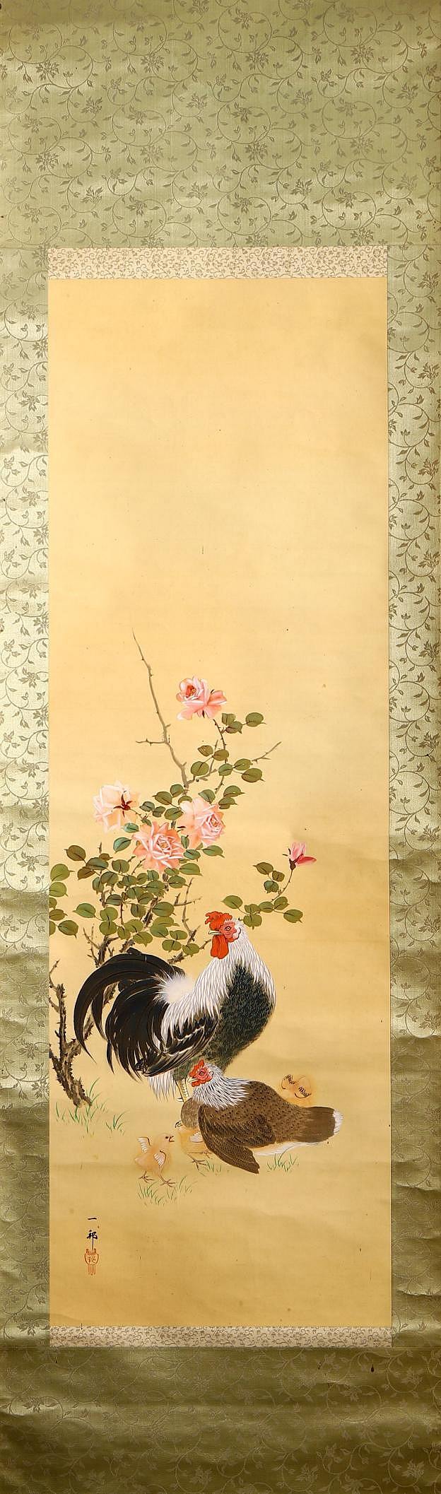 2/20結標日本美術院国見一邦絹本薔薇群雞PCC0622 -軸畫茶掛書法絹本