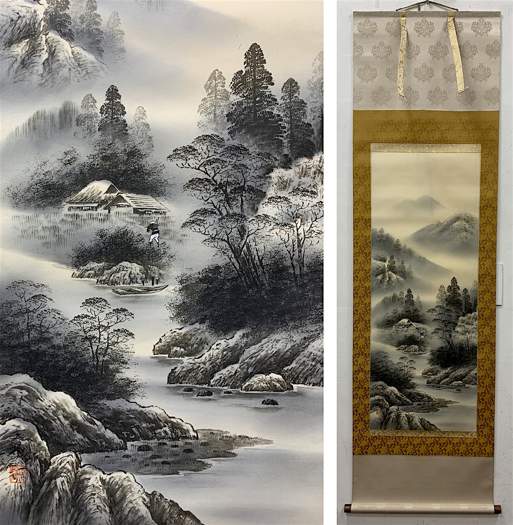 日本画　直筆　水墨山水画　高級額縁　落款付き　外寸約962×663mm 老日本｜玄揚作落款｜水墨山水畫掛軸| Yahoo拍賣