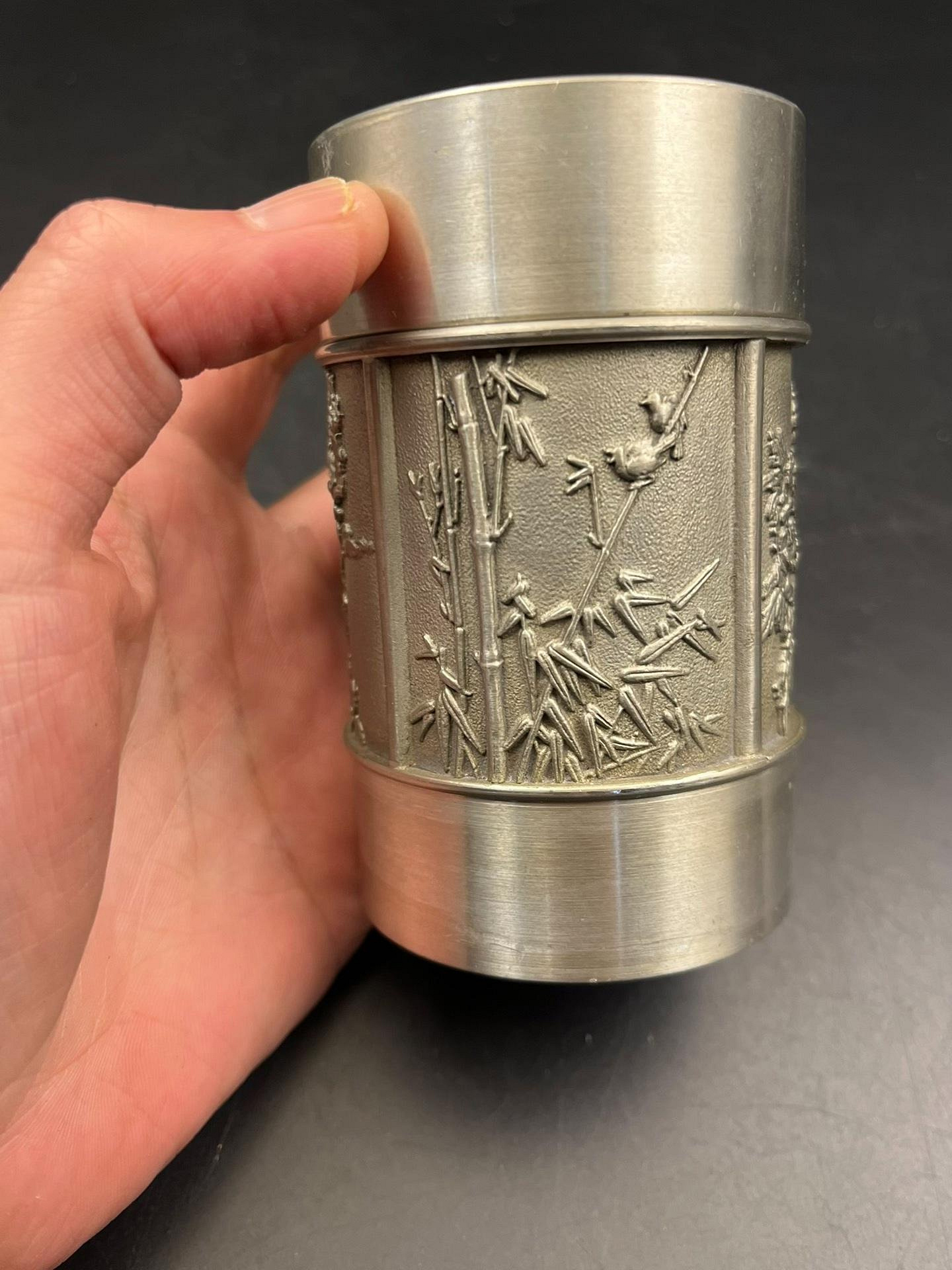 FE501 【間村自造】錫茶筒 高7.4cm / 重315g・錫茶器・茶葉入・茶心壺