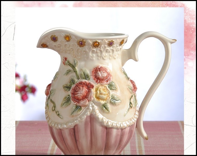 置物　花器　壺 浪漫玫瑰花公主風水壺陶瓷花器手工彩繪仿蕾絲花邊花瓶澆花器水壺花盆