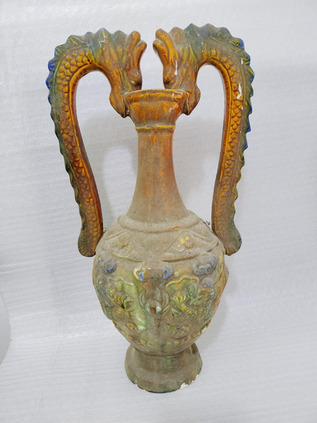 珍品旧蔵* 唐三彩 獸頭 雙龍瓶 唐物 唐代 双耳 花瓶 時代物 極上品