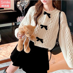 蝴蝶結壓扣麻花編織毛衣外套