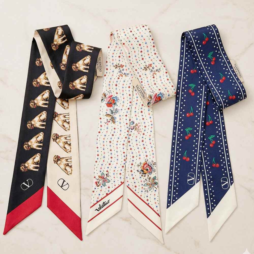 Valentino 花草星星米色真絲髮帶 領巾