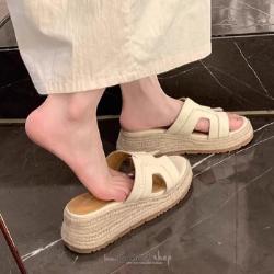 復古草編厚底涼拖鞋