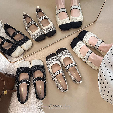 早秋百搭氣質格紋拼接方頭瑪莉珍