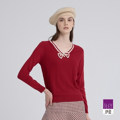 ILEY伊蕾 蝴蝶結Y字領羊毛針織上衣(紅；M-2L)