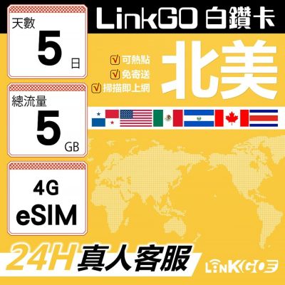 LinkGO白鑽卡 北美 eSIM卡 AT&T/Verizon 5天總流量5GB(北美網絡卡 美國 加拿大 墨西哥 巴拿馬)