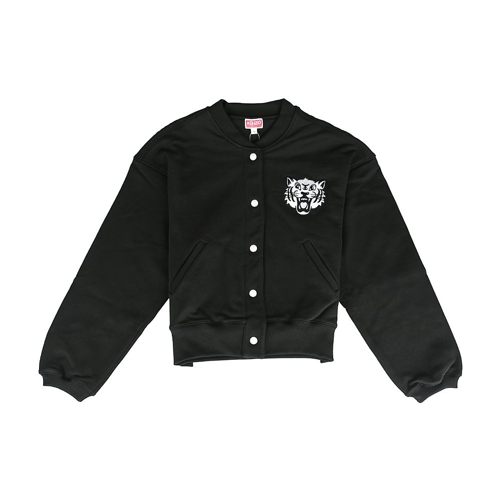 KENZO Happy Tiger 刺繡藍字LOGO快樂老虎頭棉質混紡長袖按釦棒球外套(女款/黑)