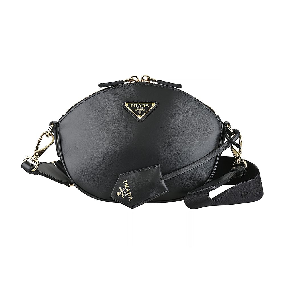 PRADA 標誌性三角鐵牌LOGO小牛皮內襯緹花布拉鍊肩背斜背包(迷你/黑)