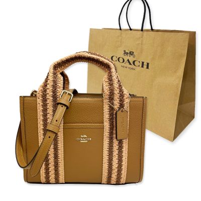 COACH 素面牛皮編織手提/斜背兩用琴譜方包附紙袋(焦糖/粉)