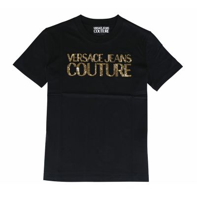 VERSACE JEANS 純綿內布標白字LOGO亮片字母設計短袖T恤(女款/黑)