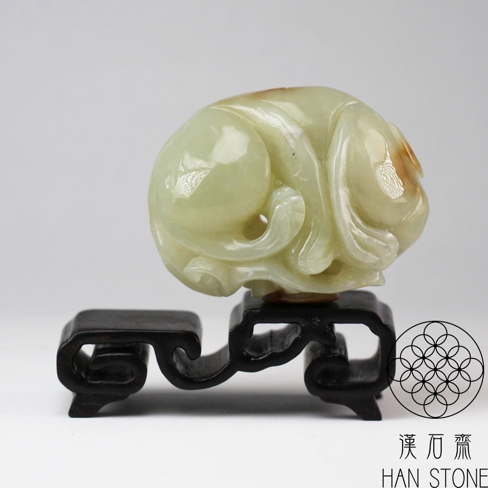 漢石齋】天然和田玉瑞獸來財玉珮手把件青白玉帶糖(62*47*33mm) | 漢石