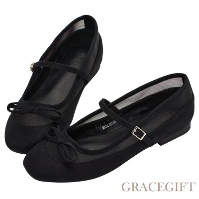 【Grace Gift】復古芭比網紗拼接芭蕾平底瑪莉珍鞋 黑