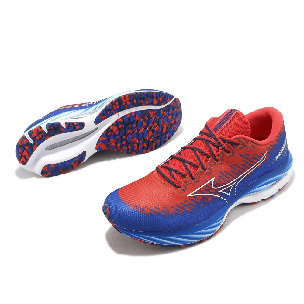 Mizuno 慢跑鞋Wave Rider 27 男鞋藍紅波浪片運動鞋USA 美津濃J1GC2352