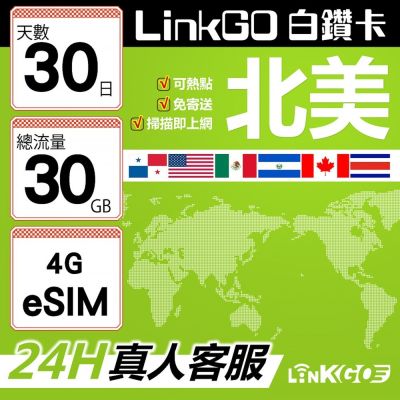 LinkGO白鑽卡 北美 eSIM卡 AT&T/Verizon 30天總流量30GB(北美網絡卡 美國 加拿大 墨西哥)
