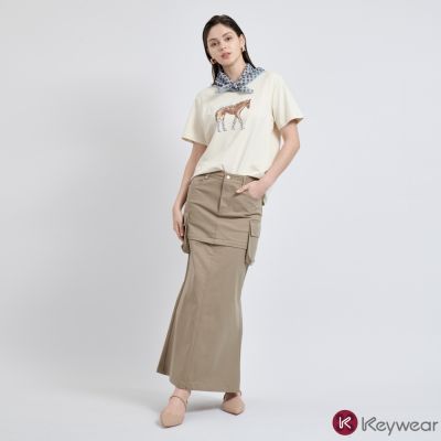KeyWear奇威名品    顯瘦工裝魚尾長裙/短裙/自行變換兩穿(共2色)-卡其色