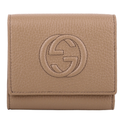 GUCCI 經典雙G LOGO荔枝紋牛皮暗釦三折短夾 杏色