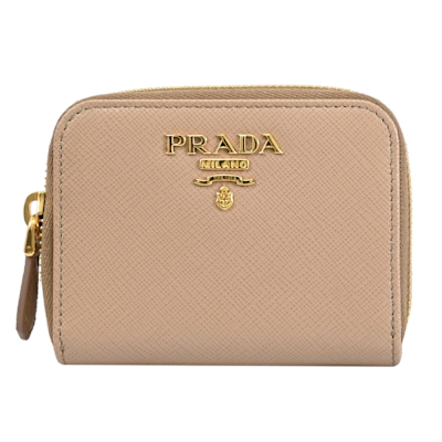 PRADA 經典LOGO防刮皮革拉鍊零錢短夾(奶茶色)