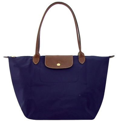 Longchamp LE PLIAGE 藍色再生尼龍皮邊折疊長把水餃包(大)