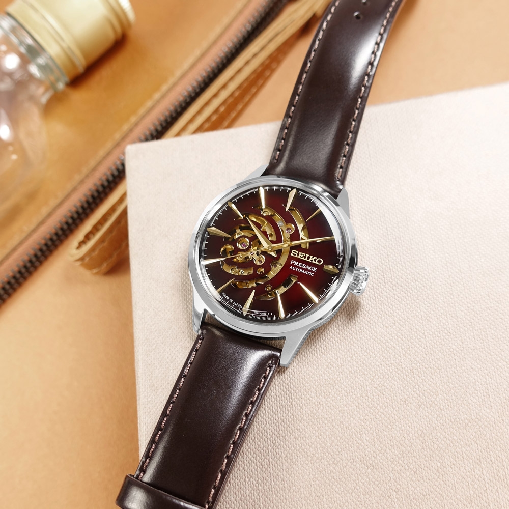 SEIKO 精工/ 限量款PRESAGE 紅磚調酒師機械錶牛皮手錶-紅x銀框x
