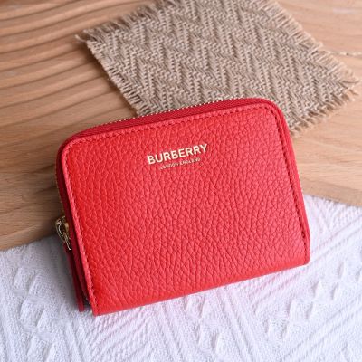 BURBERRY 燙金LOGO荔枝牛皮ㄇ字拉鍊卡片零錢包(紅)