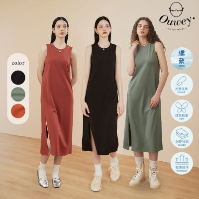 OUWEY歐薇 無袖開衩涼感連身洋裝(三色；S-L)3242327508