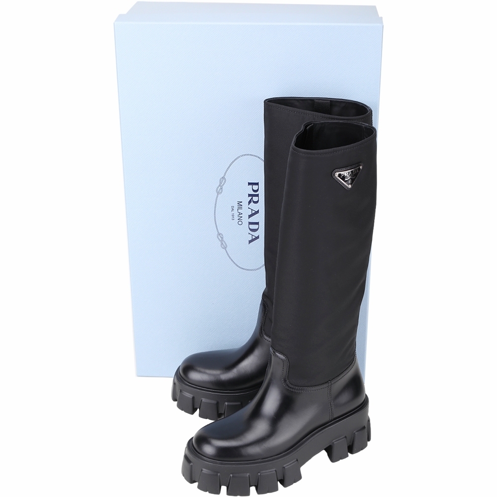 PRADA 普拉達Monolith 三角標尼龍拼接厚底長靴(黑色) | 其他配件