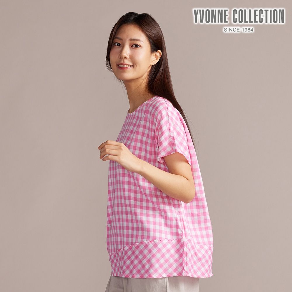 YVONNE 以旺傢飾 網路限定 | 雙層棉格紋拼接短袖上衣