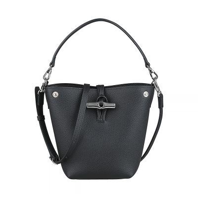 LONGCHAMP Le Roseau 內壓印LOGO牛皮內搭緹花布扣帶式手提斜背水桶包(迷你/黑)