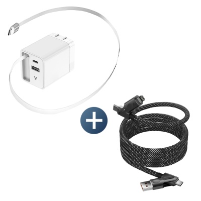 組合品【YOMIX優迷】乖乖充 65W氮化鎵雙孔自帶線快充充電器(Type-C/USB/豆腐頭/充電頭/筆電快充)+【YOMIX優迷】PD100W四合一快充磁吸編織收納充電傳輸線1.5M