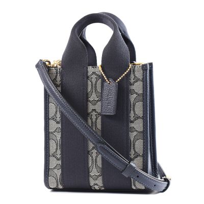 COACH Smith LOGO緹花布拼皮革手提/斜背二用包-午夜藍/迷你款