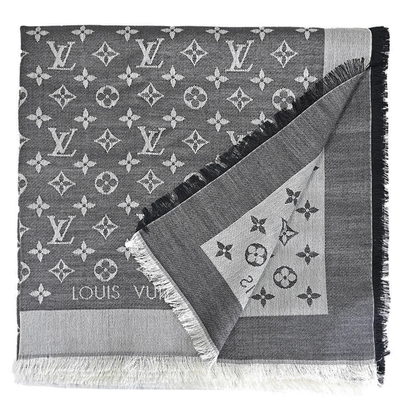 LOUIS VUITTON路易威登 LV M71378 Monogram Denim 經典花紋羊毛絲綢披肩圍巾.黑