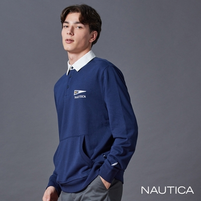 Nautica男裝 跳色領圍長袖POLO衫-藍色
