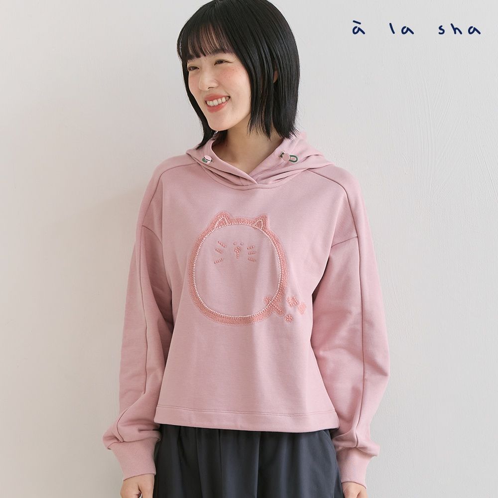 a la sha Q咪珠珠繡花連帽T (灰粉)
