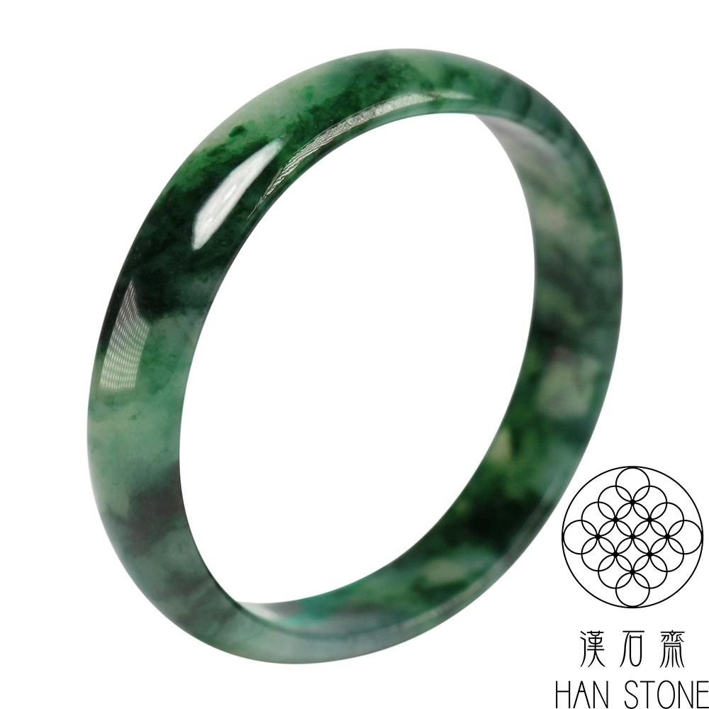 漢石齋】天然翡翠A貨貴妃鐲玉鐲冰種飄綠花(手圍17.6+16/版寬10.9mm