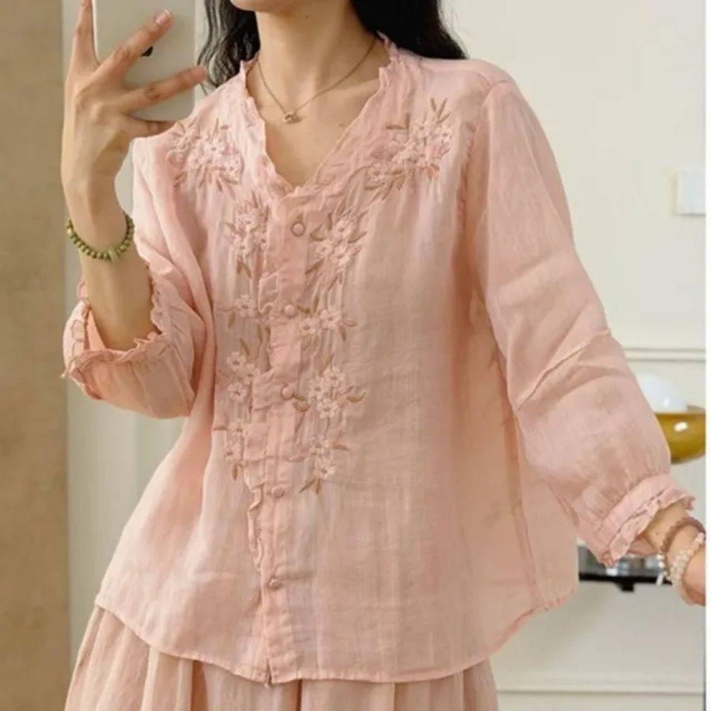 【LANNI 藍尼】★文藝刺繡透氣棉麻襯衫(女裝/女上衣/棉麻衫/休閒/優雅/日系/通勤) (粉)