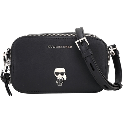 KARL LAGERFELD K/Ikonik 卡爾 金屬老佛爺字母徽標牛皮斜背相機包(黑色)