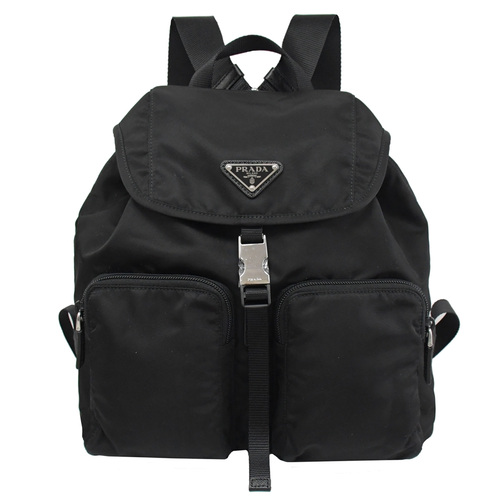 PRADA 金屬三角LOGO素色尼龍雙口袋翻蓋後背包(黑) product image 1
