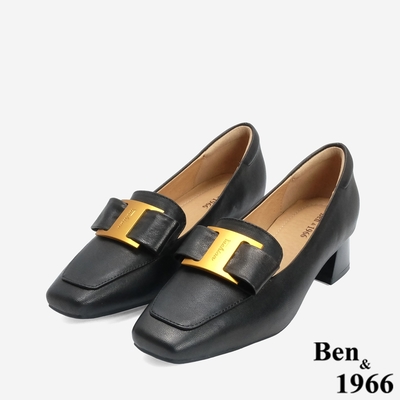 Ben&1966高階羊皮優雅金屬釦飾方頭高跟樂福鞋-黑(246271)