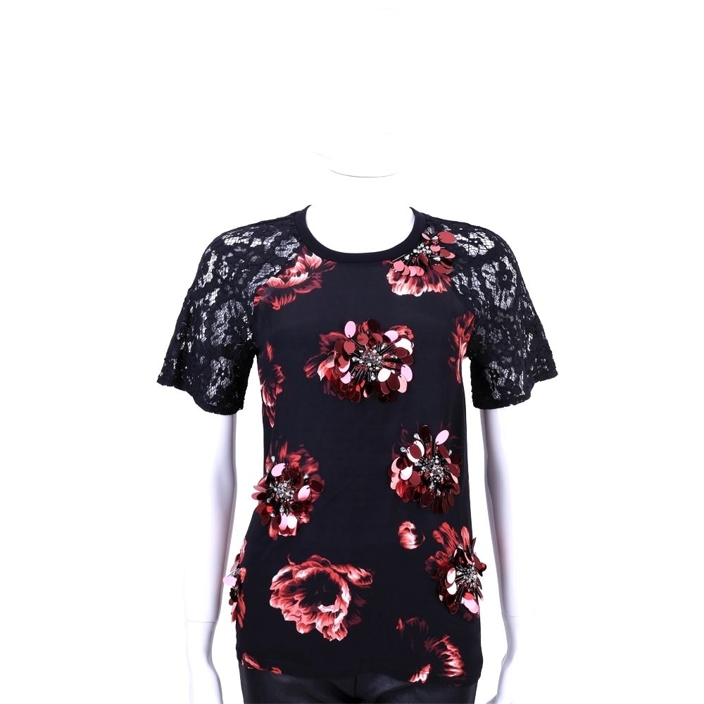 Max Mara集團 經典T恤 TEE 均一價 (黑色亮片紅花飾蕾絲)