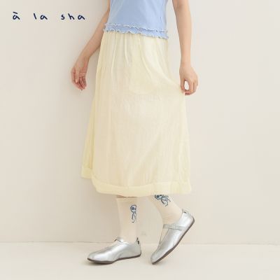 a la sha 輕透格紋抓褶長裙