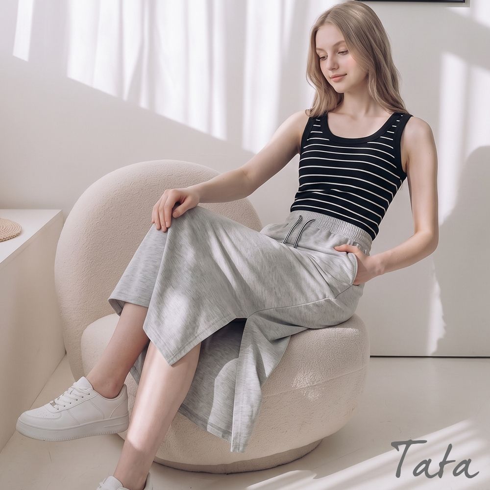 TATA 繫帶鬆緊腰單側開岔休閒長裙-共二色-S~XL (淺灰)
