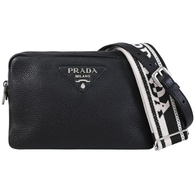 PRADA 三角車線浮雕LOGO荔紋牛皮雙背帶雙層拉鍊斜背包/相機包(黑)