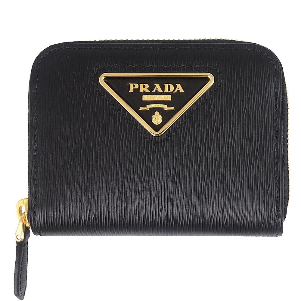 PRADA 普拉達 黑色縱紋牛皮大三角標拉鍊零錢包(4卡)
