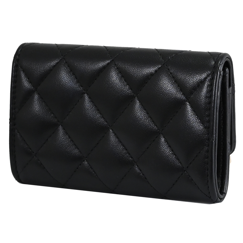 CHANEL 24新款方水鑽CC LOGO小羊皮扣式零錢卡包(黑/銀) | 卡片夾/零錢